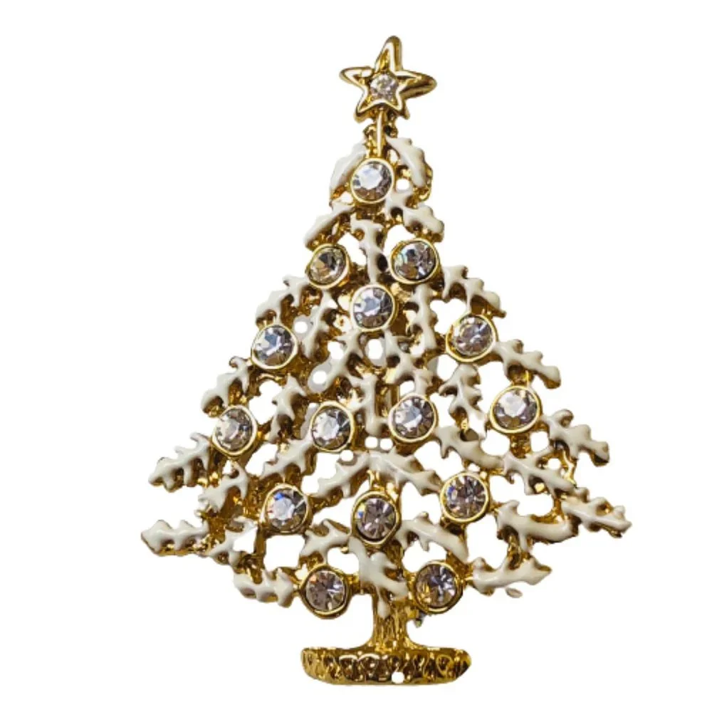 Vintage Christmas Tree Brooch Pin White Enamel & Clear Rhinestones